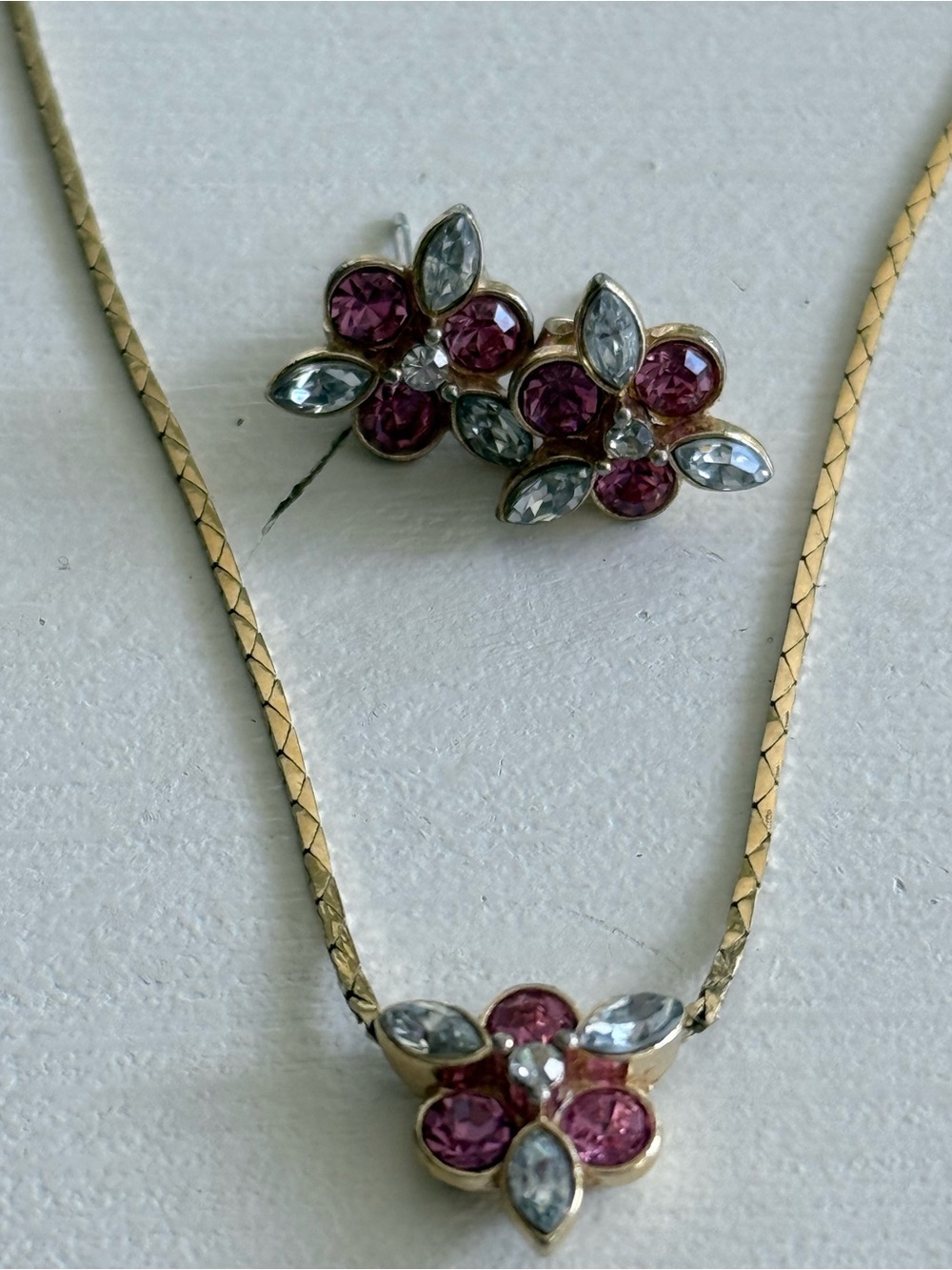 Avon Gold Flower Pendant Necklace and Earrings Set with Pink and Clear Stones